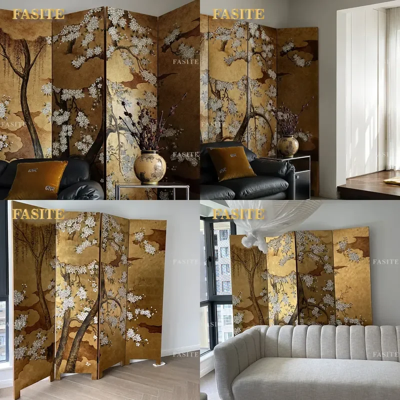 For Medieval Folding Mobile Screen Lacquer Painting Gold Foil Partition for Living Room Dining Room Hotel Office Entrance