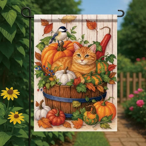 Thanksgiving Fall Garden Flag Orange Tabby Cat Flag 12X18 Inch Double-Sided Pump PPZ