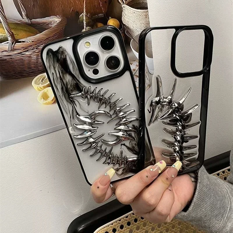 

Trendy Cool 3D Metal Fishbone Clear Epoxy Phone Case For iPhone 16 15 14 13 12 11 Pro Max Plus Shockproof Soft Back Cover Funda