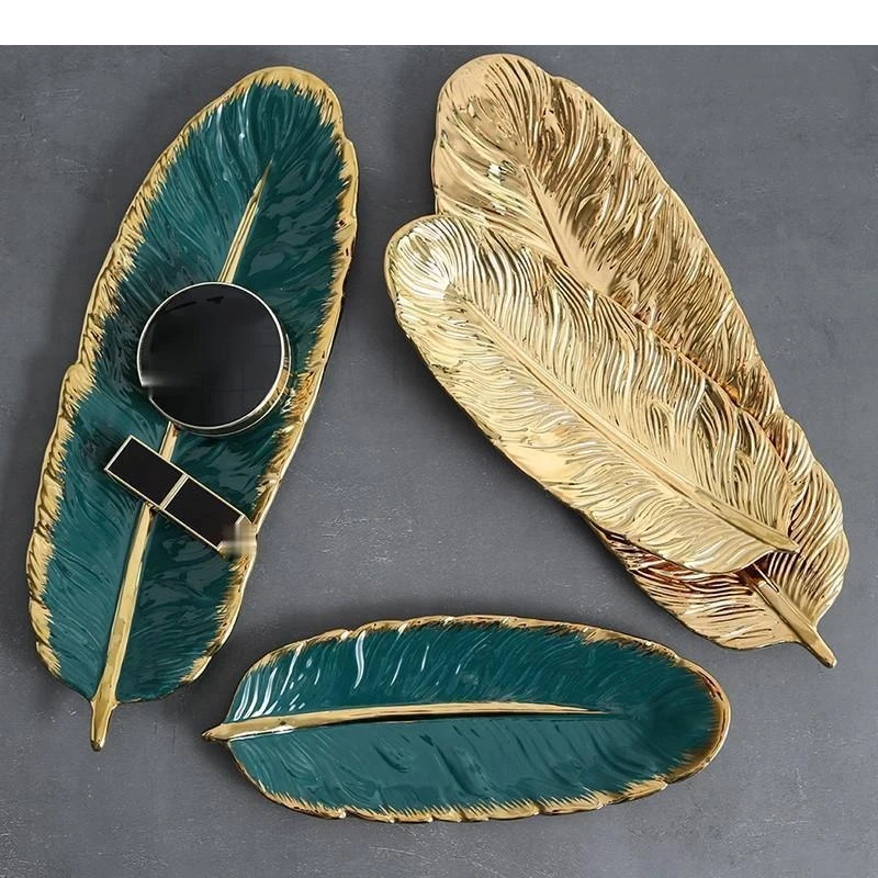 Gold-plated Leaf Tray Candy Dried Fruit Plate Living Room Storage Jewelry Cosmetic Dressing Table Display