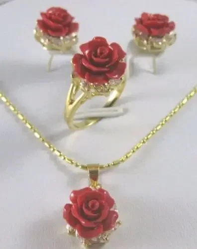 

Pretty Crystal Red Coral rose Flower Pendant Earring Ring lady's jewelry set