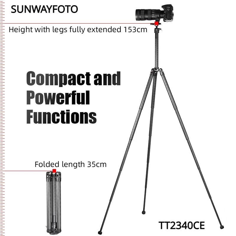 

SUNWAYFOTO 4-Sections Carbon Fiber Travel Tripod for Ipad, Phone, DSLR Camera, Ideal for Vlog Photography, Compact Trav TT2340CE