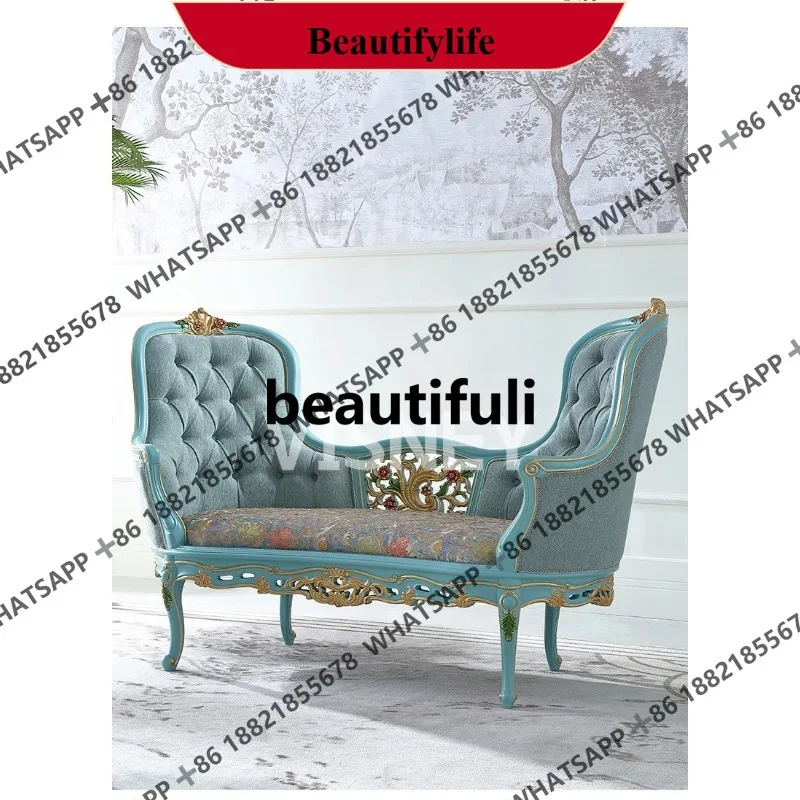 

Q178 Retro French solid wood chaise longue European master bedroom bedside stool cloth casual single chair