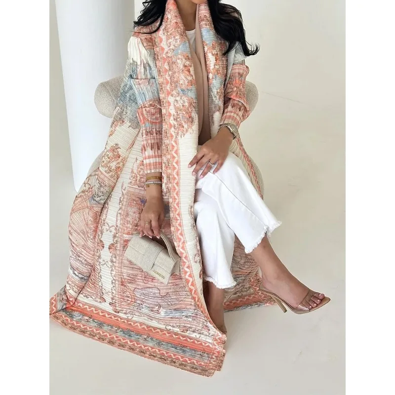 미야케 아바야 아라비안 플리츠 로브 재킷 정장 고급 이브닝 파티 로브 플러스 사이즈 긴팔 라마단 드레스 구김 방지