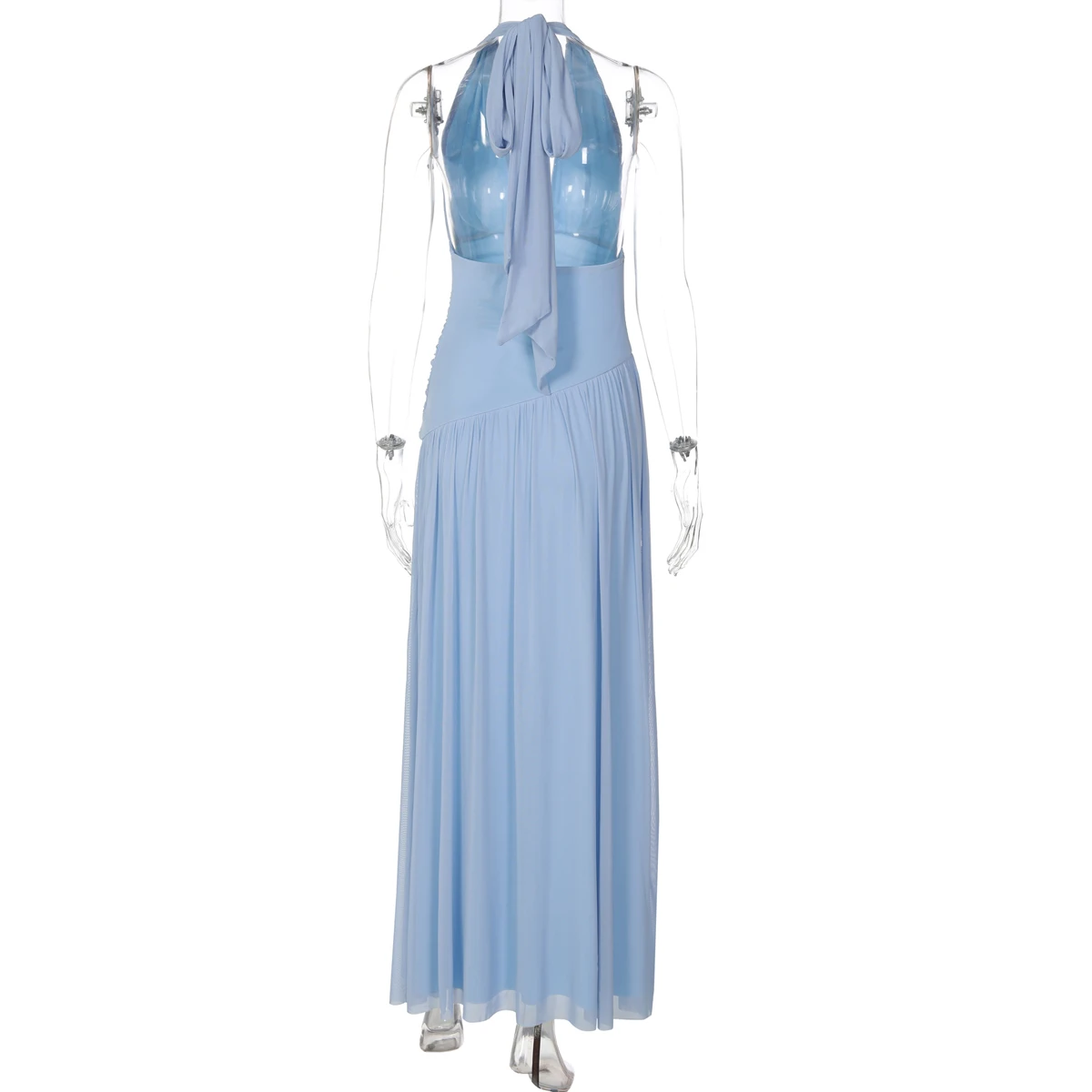 Hugcitar Elegantes Maxikleid mit V-Ausschnitt, gerafftem Rücken, Schnürung, Patchwork-Mesh, sexy Plissee, für Strand, Urlaub und Party – Detail 3