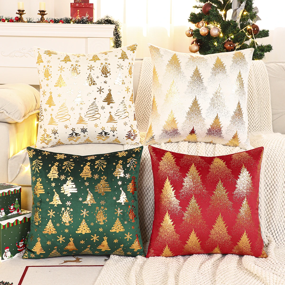 1PC Weihnachtsbaum Dekokissenbezug Winter Samt Bronzing Weihnachtsdekoration Wohnzimmer