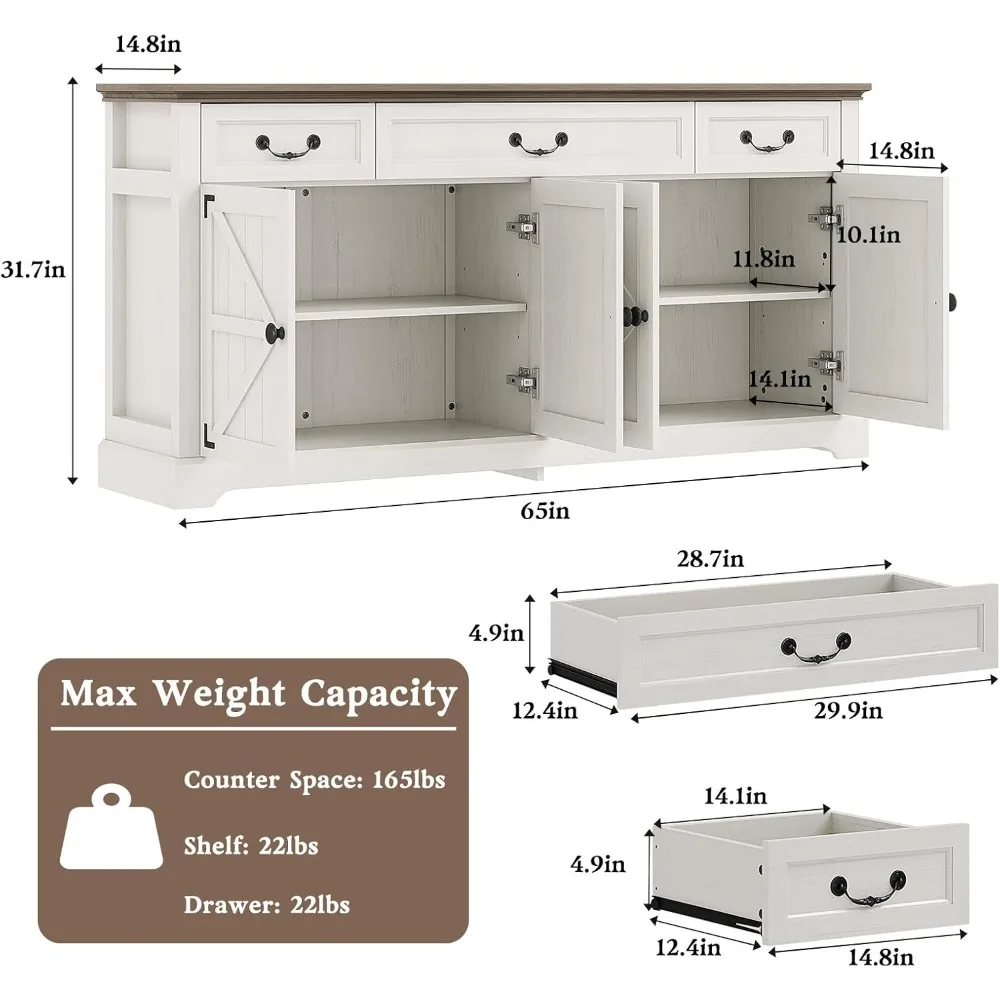 Farmhouse Style Large Sideboard with 3 Drawers and Storage for Kitchen Buffet and Coffee Bar