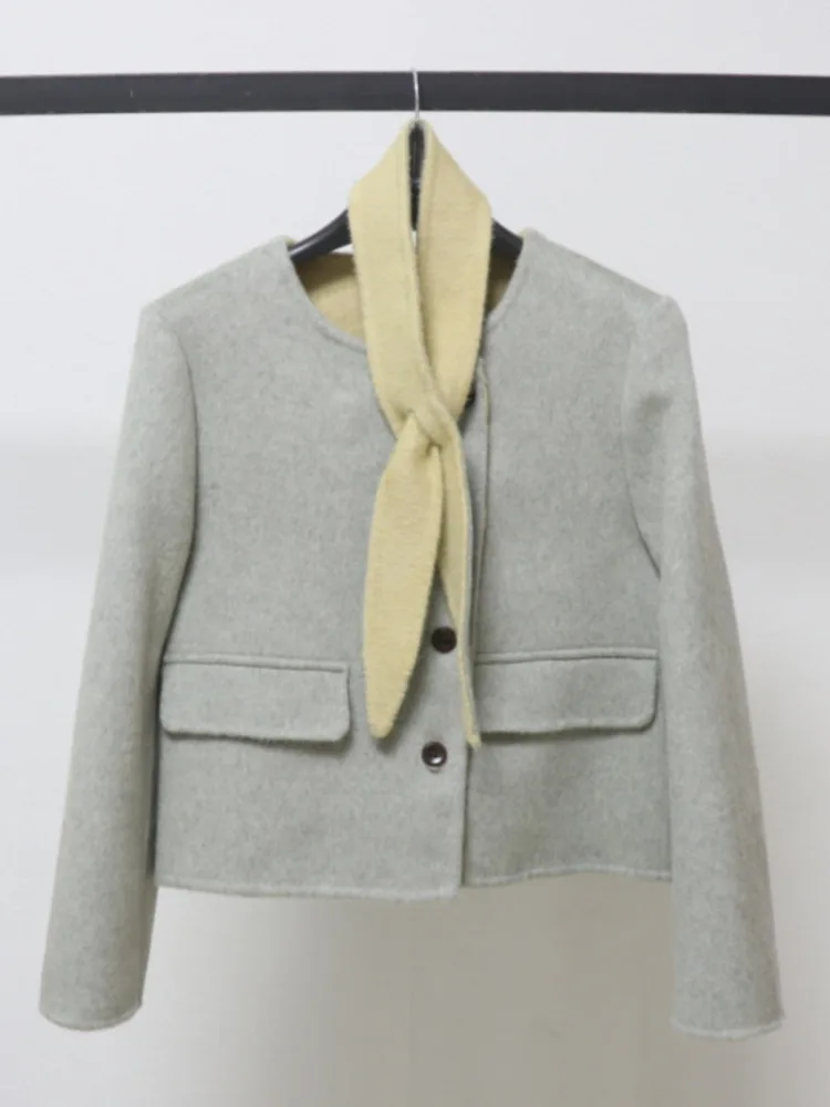 ZMEENNA 여성용 우아한 짧은 울 혼합 코트 재킷 칼라리스 디자인, 대비 색상 스카프 미니멀리스트 캐주얼 ZM4547