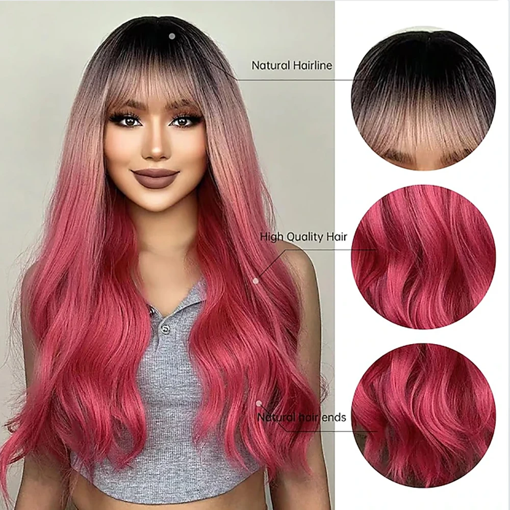 HAIRJOY Synthetic Hair  Wigs  Long Ombre Pink Red Wavy Wigs for Women Black Pink Curly Wigs with Bangs Dark Roots Cosplay Wig image 2
