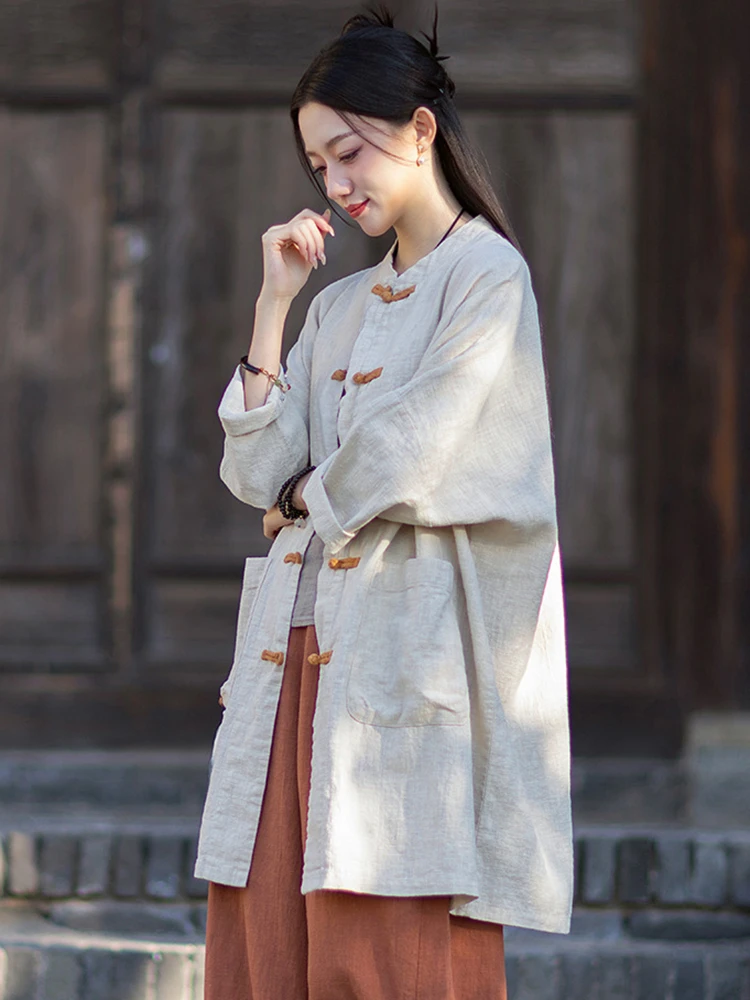 Chinese Style Women Cotton Linen Coats New Arrival 2026 Spring Solid Color Big Pockets Loose Female Casual Long Jackets M2350
