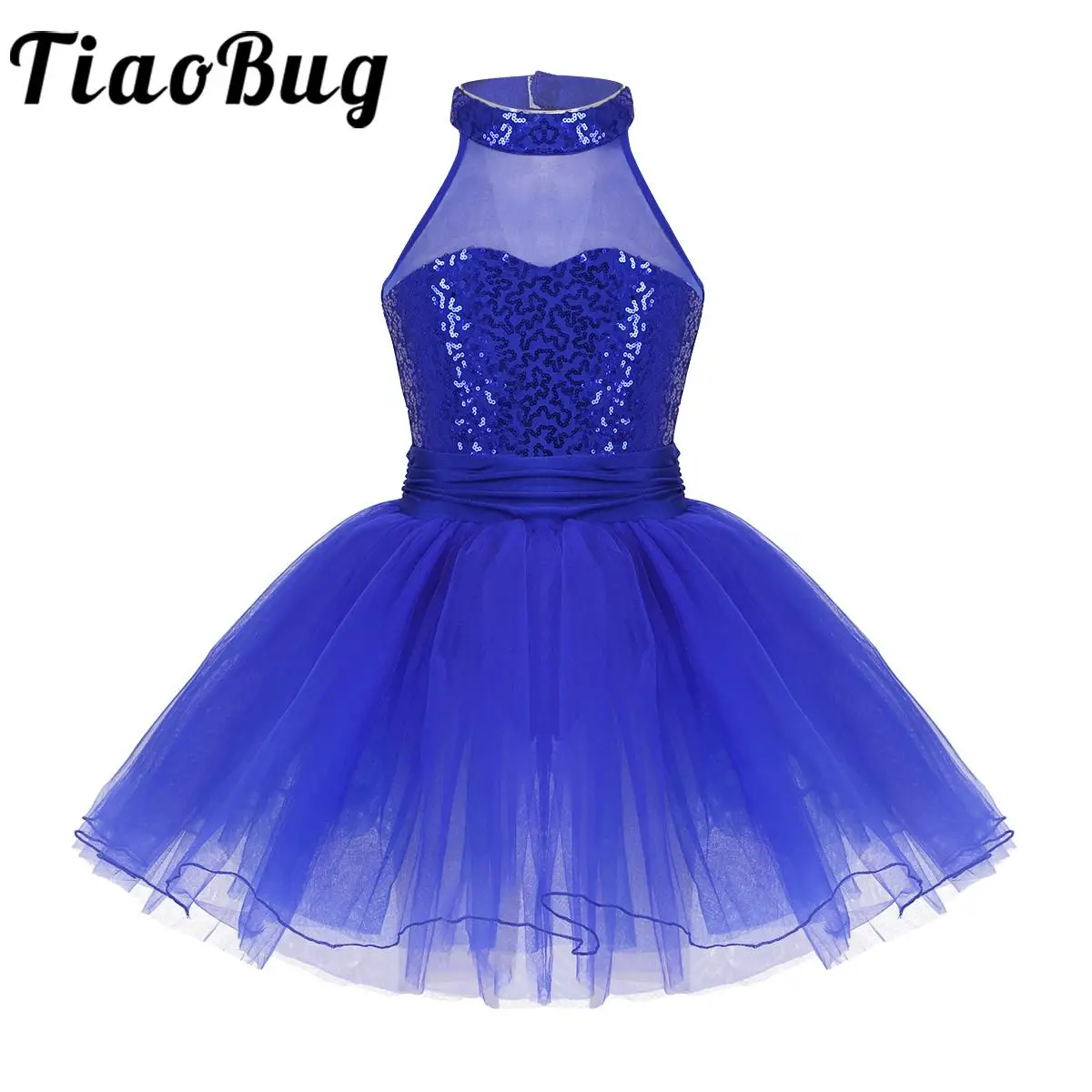 Kids Girls Tutu Ballet Dress Ballerina Mesh Tulle Dress Sequins Halter Gymnastics Leotard Modern Latin Jazz Dancing Costume