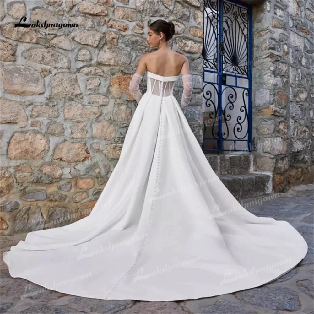 Modest Customized Wedding Dresses Satin Beach Bridal Gowns Sleeveless  A Line Buttons With High Side Split vestido de novia