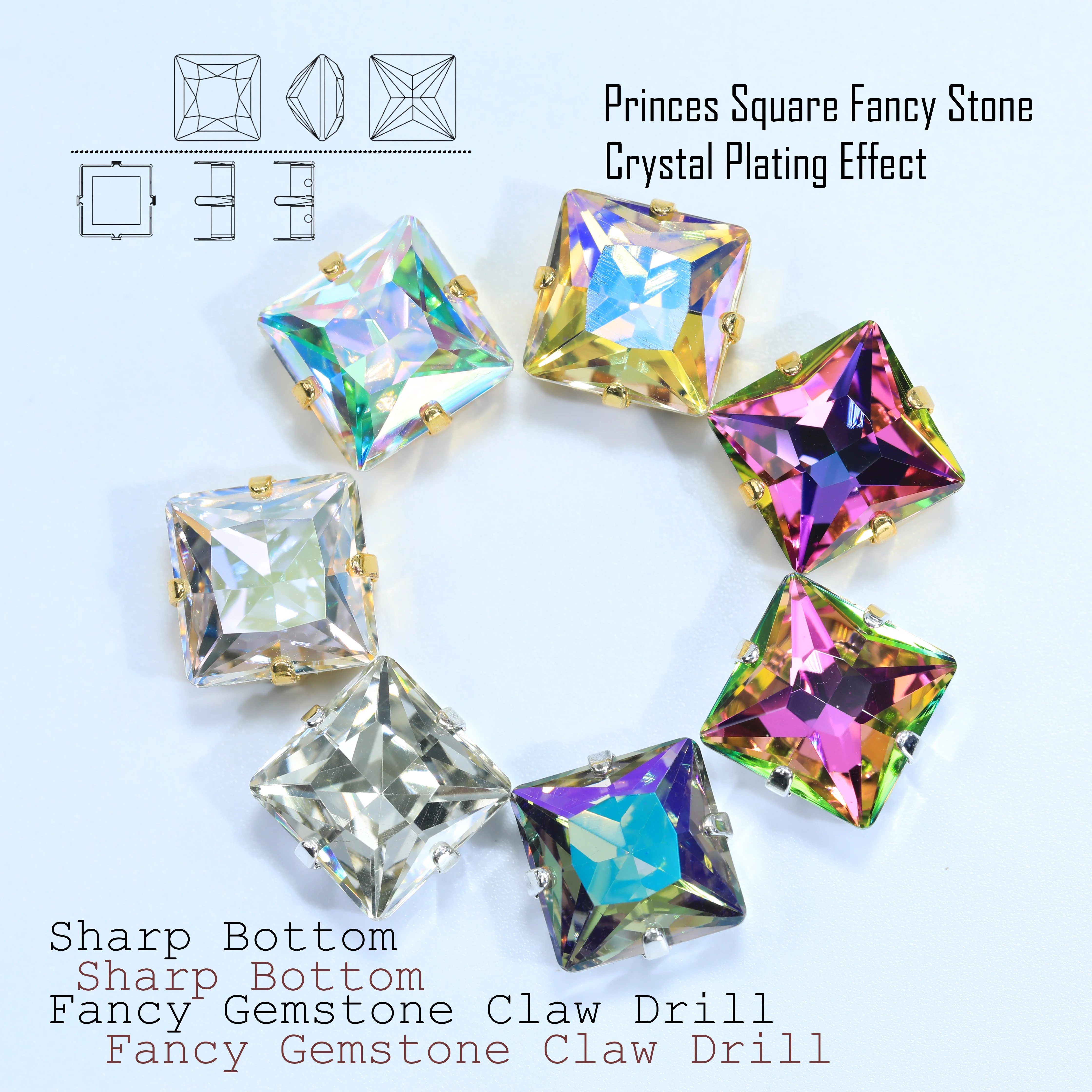 Kristallbeschichtungseffekt Prinzessinnen-Quadrat Fancy Stone Krallenfassung Strasssteine Hochglänzender Kunststoffkristall DIY-Zubehör für Hochzeiten – Detail 1