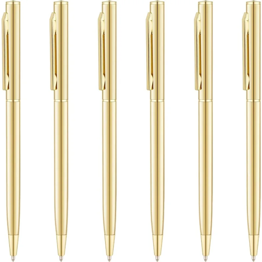 

6 Pack Gold Slim Ballpoint Pens Black ink Medium Point 1 mm Nice Gift for Wedding Business Office Students Teache Guest