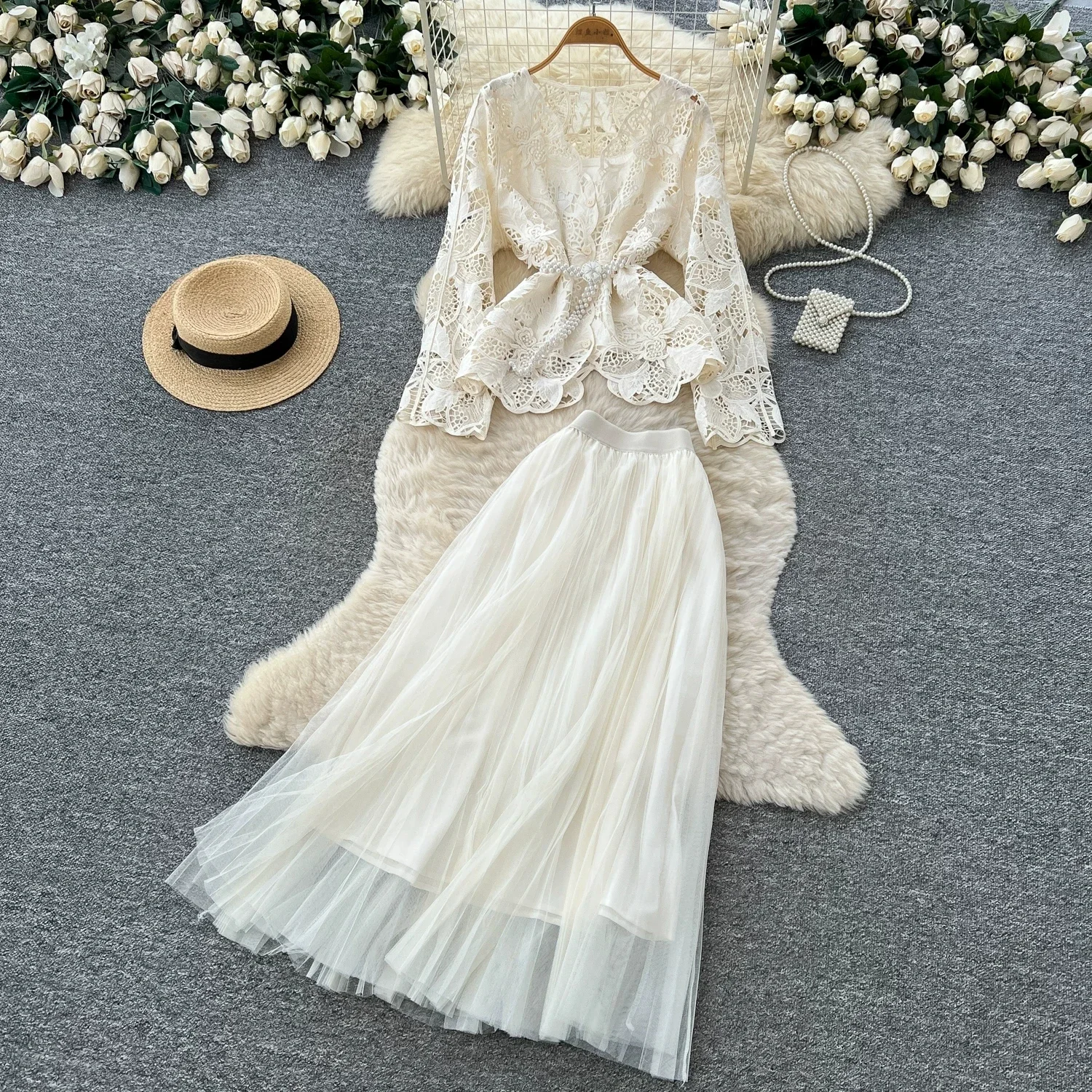 Women 2 Piece Outfit Hollow Crochet Lace Long Sleeve Blouse High Waist Pleated Tulle Maxi Skirt Set Elegant Beach Party Suit