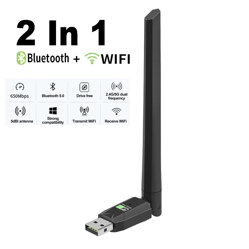 

600M Wireless Network Card USB WiFi Bluetooth 5.0 Adapter 2.4G 5GHz Dual Band Wi-Fi Antenna Signal Reception For Windows 10 11