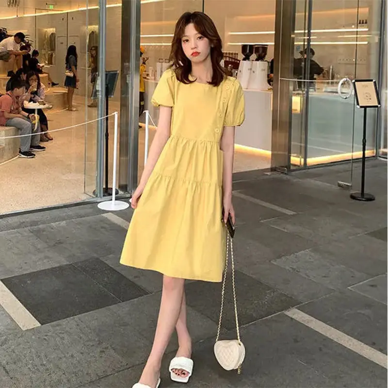 2021หลวมเกาหลี Casual Tunics พรหมชุดสตรีผ้าลินินสีเหลือง Vintage Plus ขนาดฤดูร้อนแฟชั่น Midi robe