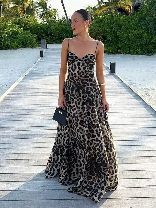 

Leopard Print Slim Fit Strap Dr for Women Long Svel Gown Evening Parwear plus Size Women's Faion