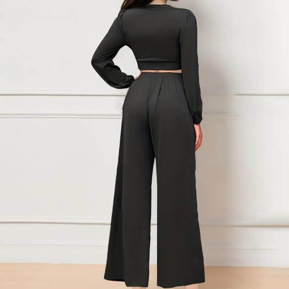 Women Two-piece Suit Elegant Women's Top Pants Set with Wide Leg Trousers V Neck Top High Waist Design for Office Daily Wear Top