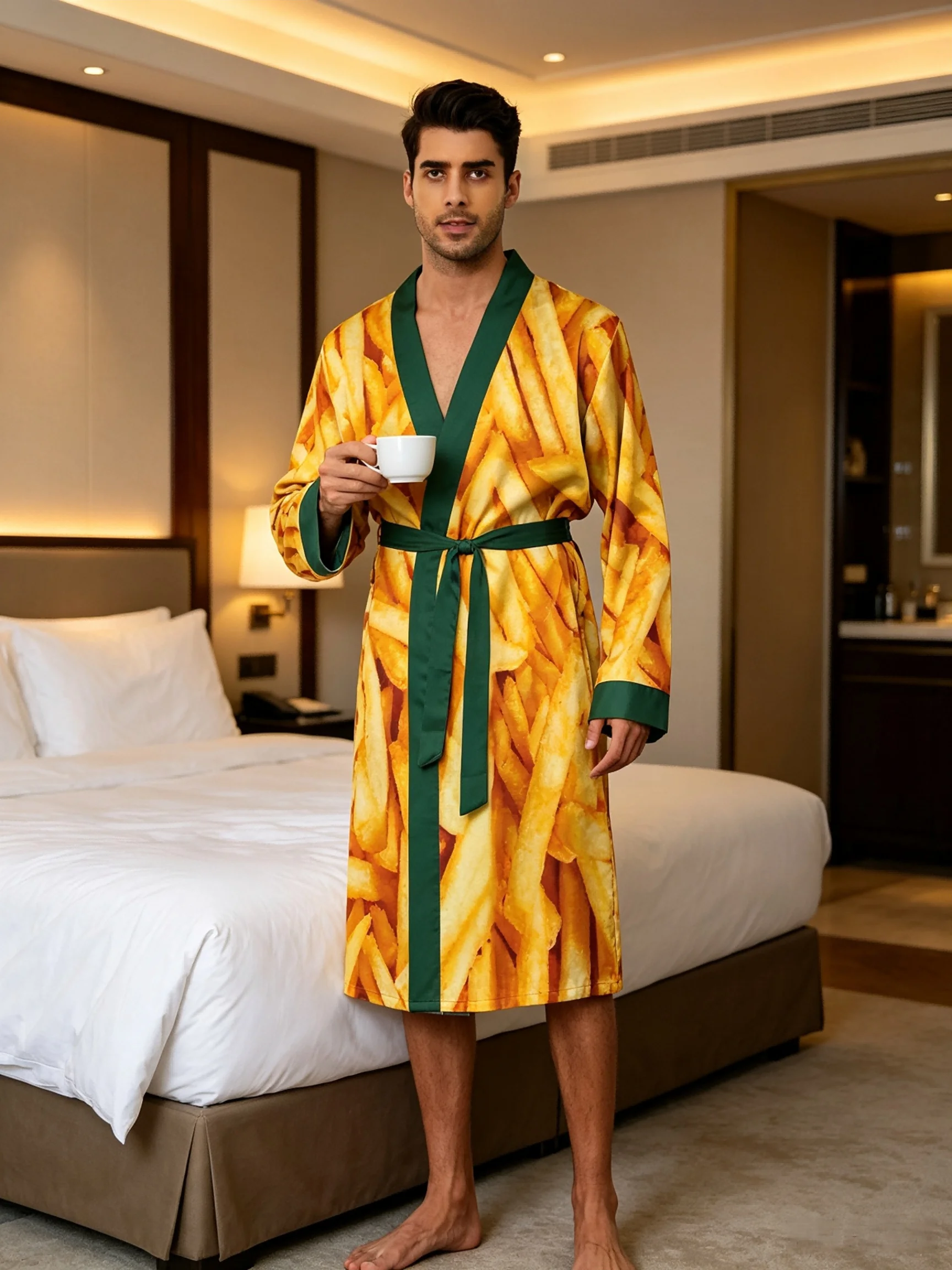 Men's lightweight quick-drying pajama bathrobe - 3D digital printing, non-fading design, stand-up collar and adjustable waistban