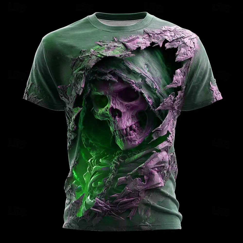 Men's Halloween 3D special effects print round neck short sleeve skull spider web polyester T-shirt daily casual wear