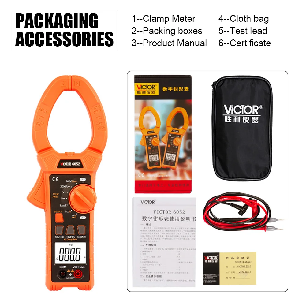 Victor 6052 Digital Clamp Meter LCD 2000A Current Voltage Frequency Capacitiance Duty Cycle Temperature Resistance 6000 Counts