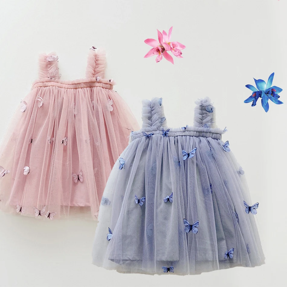 Kids Butterfly Applique Tulle Dress Summer Wedding Flower Girl Costume Baby Girl Pink Dress Luxury Fluffy Sling Princess Sets