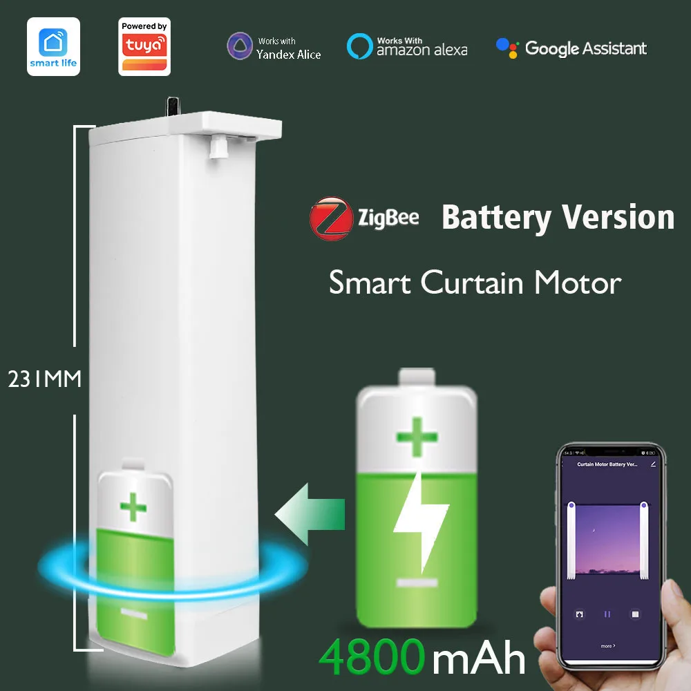 Latest Tuya ZigBee Smart Curtains Motor with 4800mAh Battery Fast Charge Electric Curtain motor Support Alice Google alexa