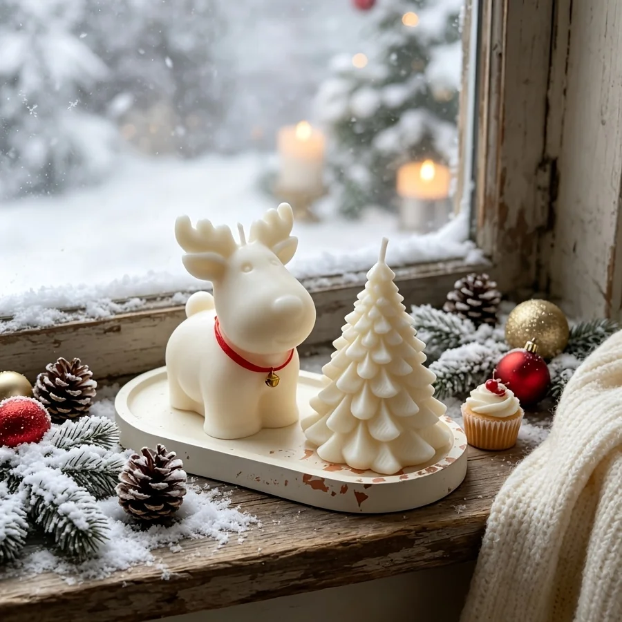 Ton-Silikonform 3-teiliges Set: Weihnachtshirsch, Weihnachtsbaum-Kerze und ovales Tablett, geeignet für die Herstellung von Epoxid-Gips-Kerzen. – Detail 6