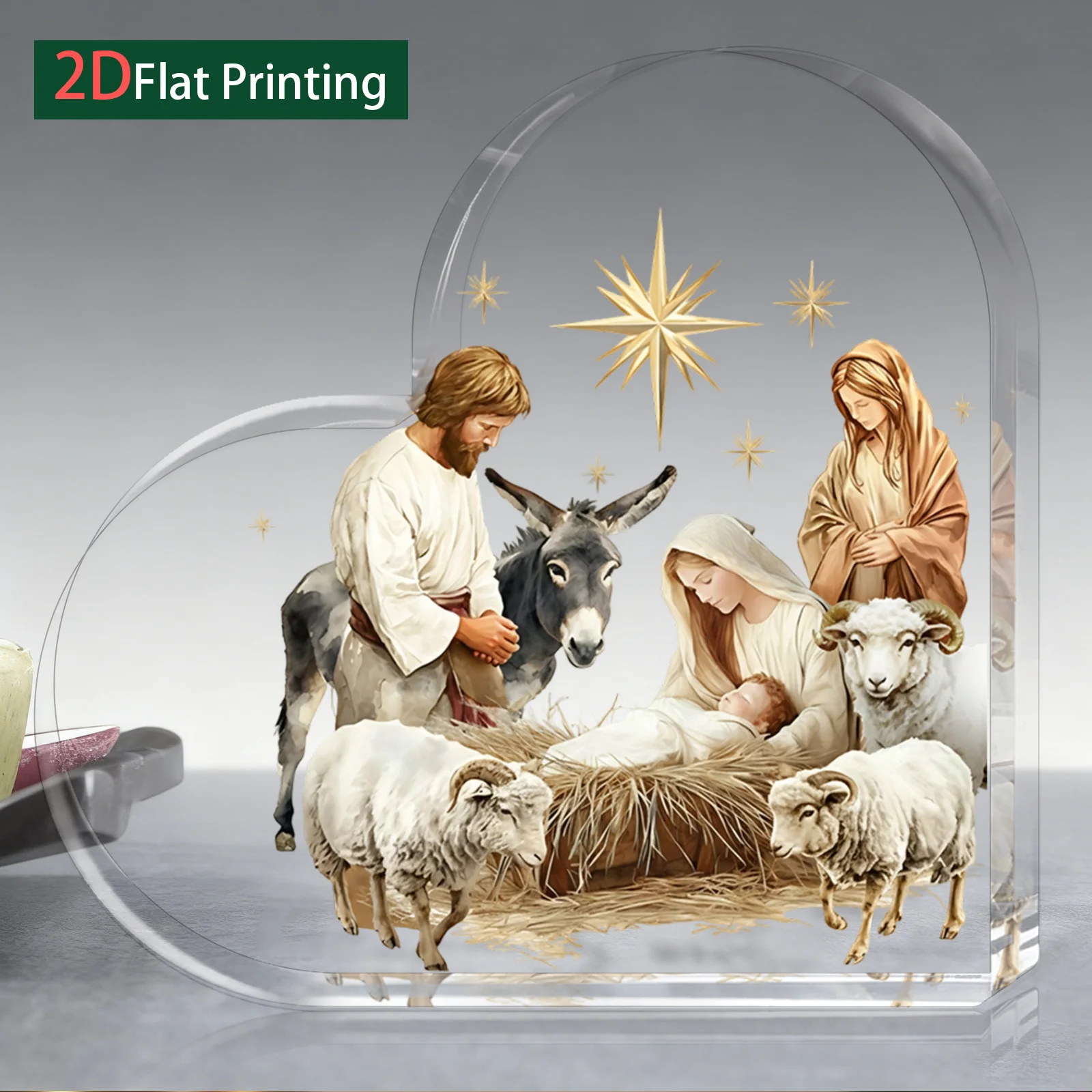 Acrylic Heart Bethlehem Nativity Plaque, 2D Religious Christmas Table Decor for Home Office Church, No Battery Needed