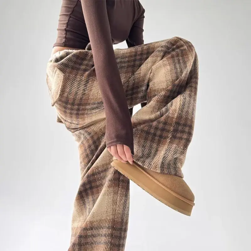 Calças xadrez de perna larga para mulheres no outono inverno novo estilo preguiçoso drape solto calças casuais retas