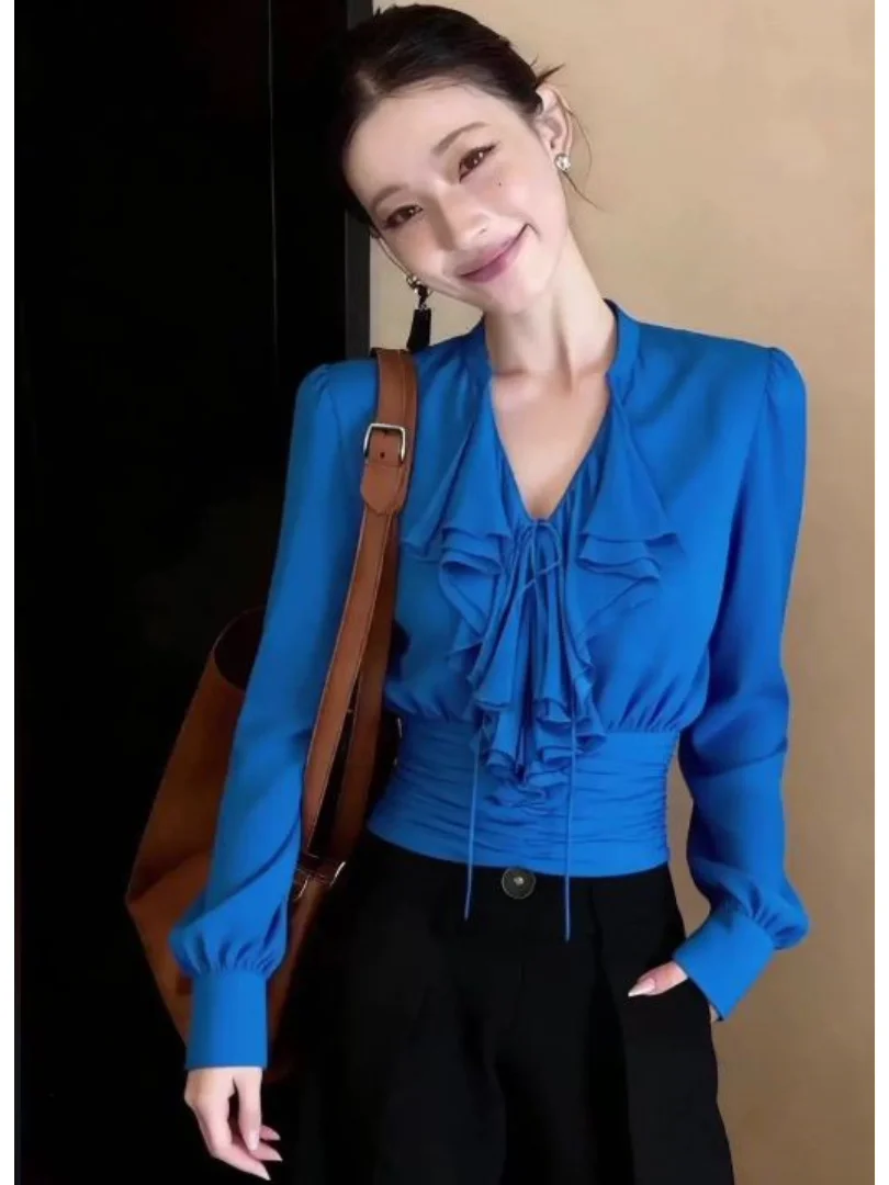 

Elegant Blue Long Sleeve Shirt Women's Waist-Cinching V-Neck Knot Design Spring Fashion 2026 French Style Straight Cut