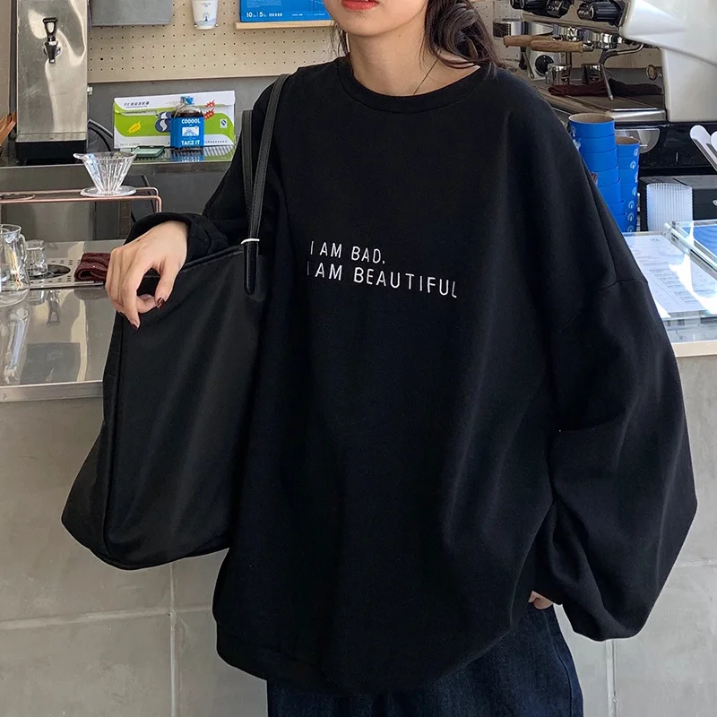 Oversize-Sweatshirt für Damen mit Buchstabenmuster, Rundhalsausschnitt, lange Ärmel, lockerer Schnitt, lässiges Oberteil, ideal für Herbst und Winter, modisches Streetwear-Design, schlicht. – Detail 6