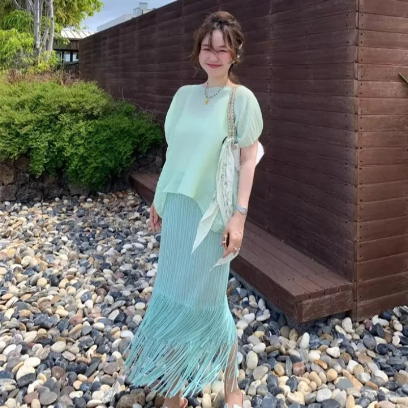 

Miyake Pleated T-Shirt 2026 Summer New Mint Green Skirt Set Simple Lightweight Top Elegant Fringed Skirt Vacation Women Clothing