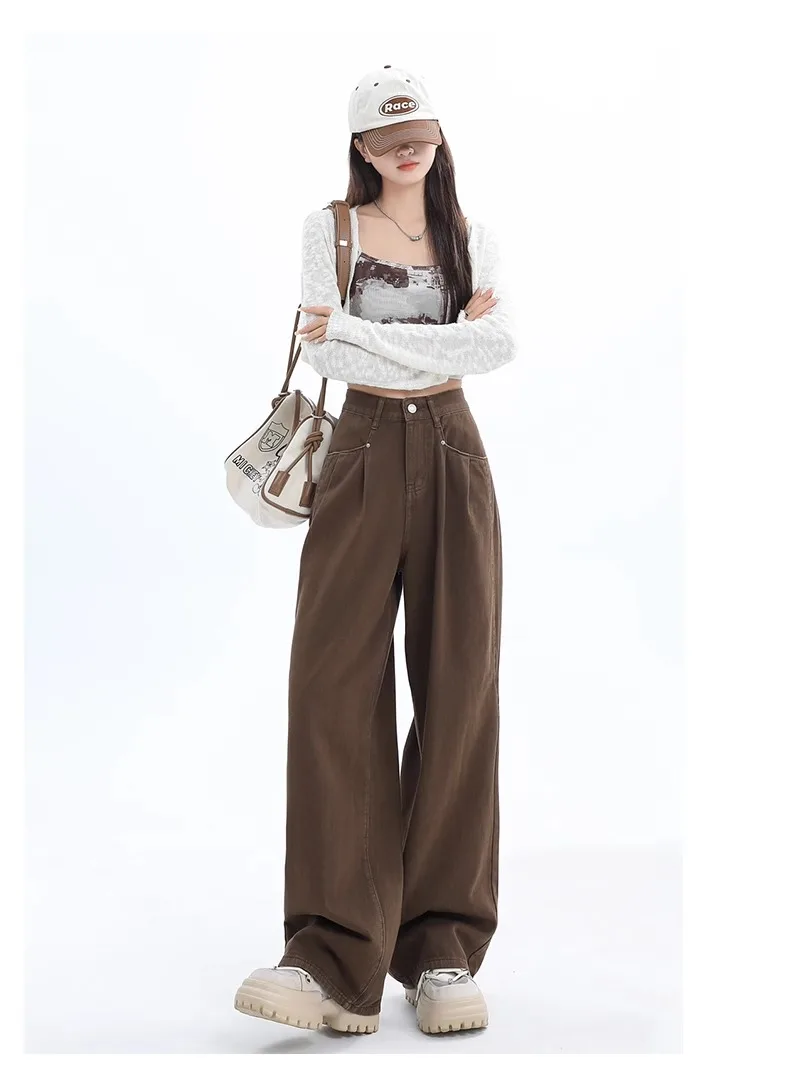 

2023 Autumn Winter Harajuku High Waist Loose Coffee Jeans Pants Women's Y2K Wide Leg Baggy High Street Style Denim Trouser