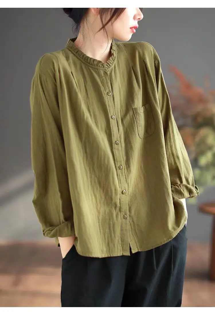 Retro fungus edged pure cotton long sleeved shirt for women in summer, new loose and slimming casual chic top