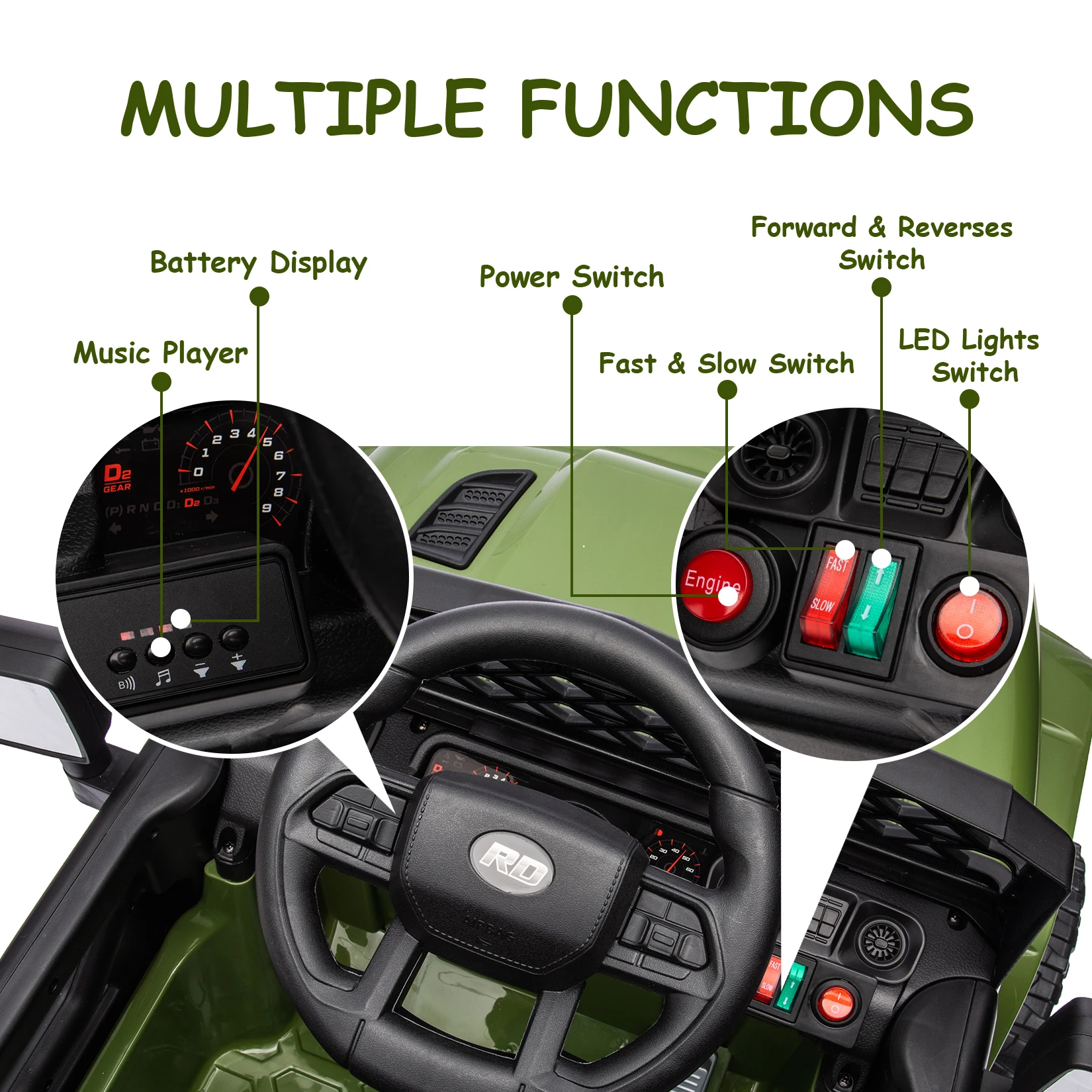 12V 어린이용 전동차, 리모컨 포함, 유아용 4륜 전기 트럭 자동차, 배터리 표시등, 스프링 서스펜션, LED 라이트