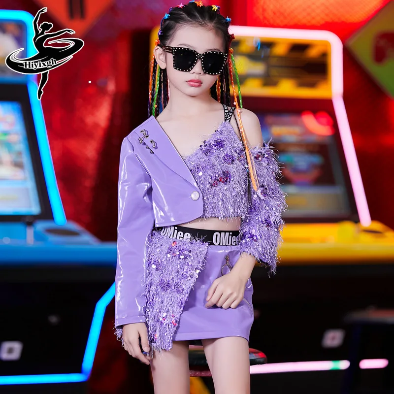 

Детский костюм для джазовых танцев, комплект для девочек в стиле «Допамин» для показов мод, фиолетовый комплект для выступлений, для девочек-моделей