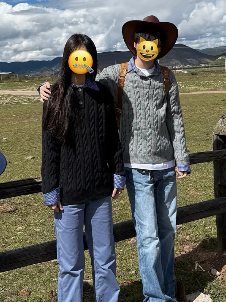 

Retro Knitted V-Ne Sweater Men's Autumn High-End Feeling Cool Haome Twisted Flower Couple's irt Korean Sle