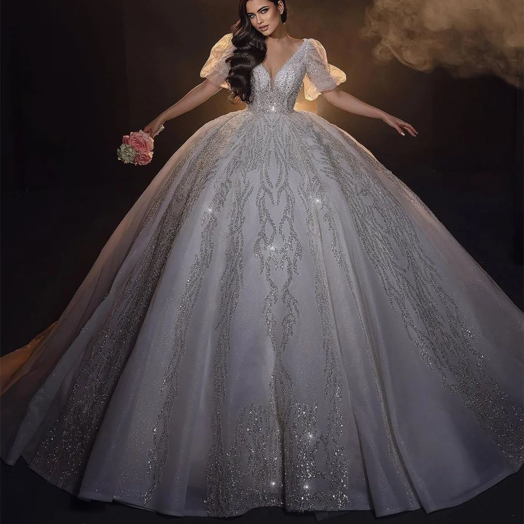 

Elegant Ball Gown Wedding Dress Middle Sleeves V Neck Sequins Diamonds Lace Bead Zipper Bridal Gowns Vestina De Novia Customized