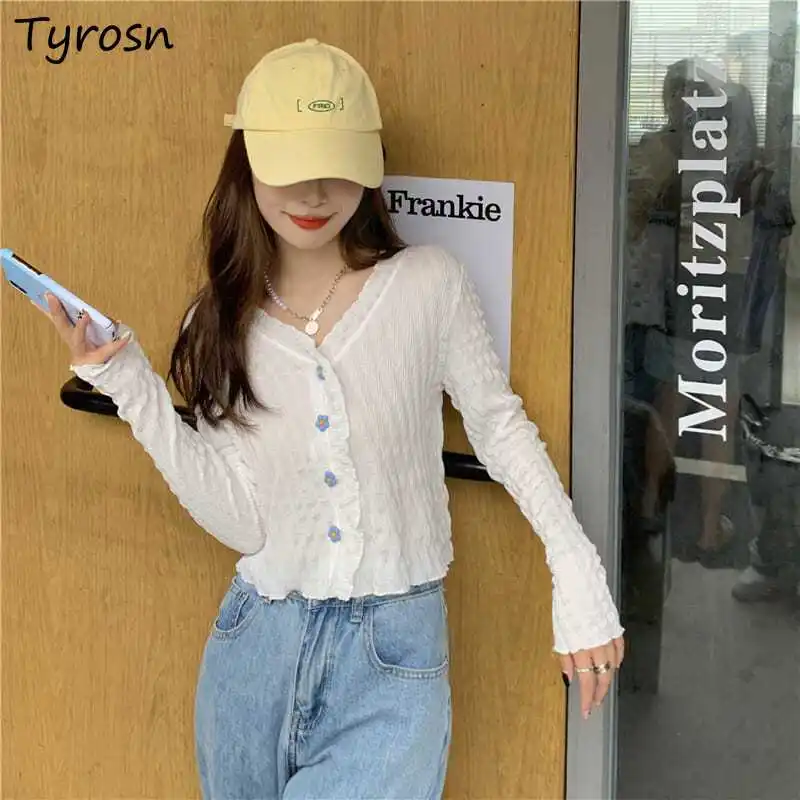 V-neck Women Knitted Cardigan Short Summer Outerwear Sun Protection Fashion All-match Korean Style Simple Students Spring