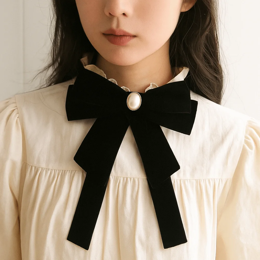 Sparkling Velvet Black Ribbon Pin Beads Rhinestones Black Bow Necktie Pin Multi-layer Ribbon Badge Brooch Parties