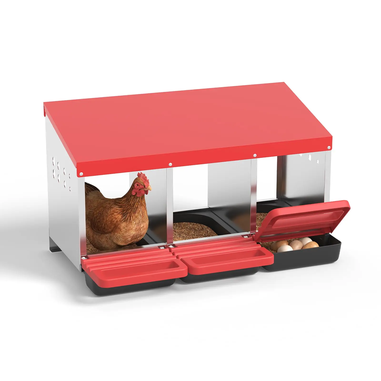 Chicken Nesting Boxes,3 Hole Metal Chicken Egg Laying Box with Roll out Egg Collection, Heavy Duty Roll Away Nest Box for Chicken Coop, Red/Green