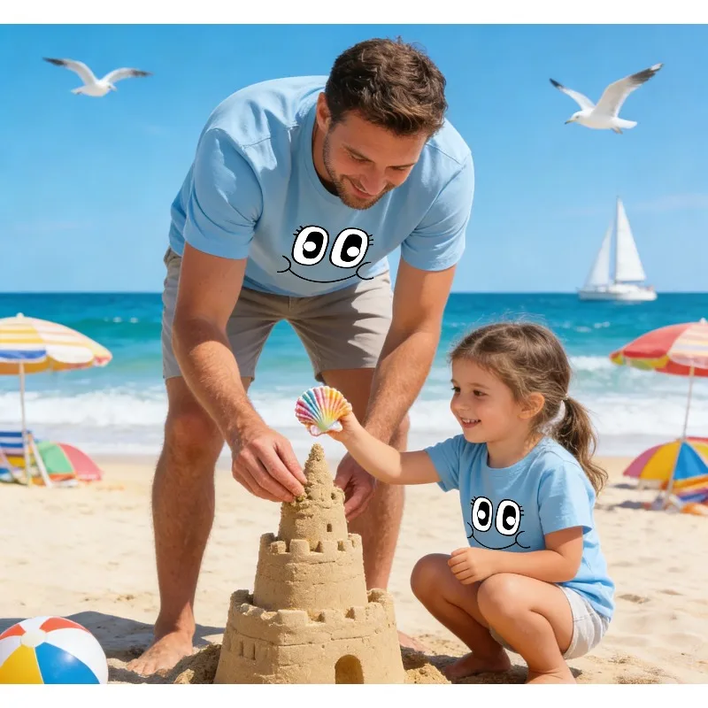 Cute Cartoon Smiley Face Printed Children's T-shirt, Pure Cotton Round Neck Children's Short Sleeved Parent-child Top