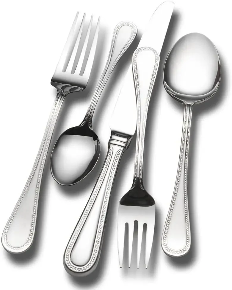 Continental Bead Silverware, 18/10 Stainless Steel Cutlery 12, Includes 5 Serving Utencils, 65 Piece Set, Silver