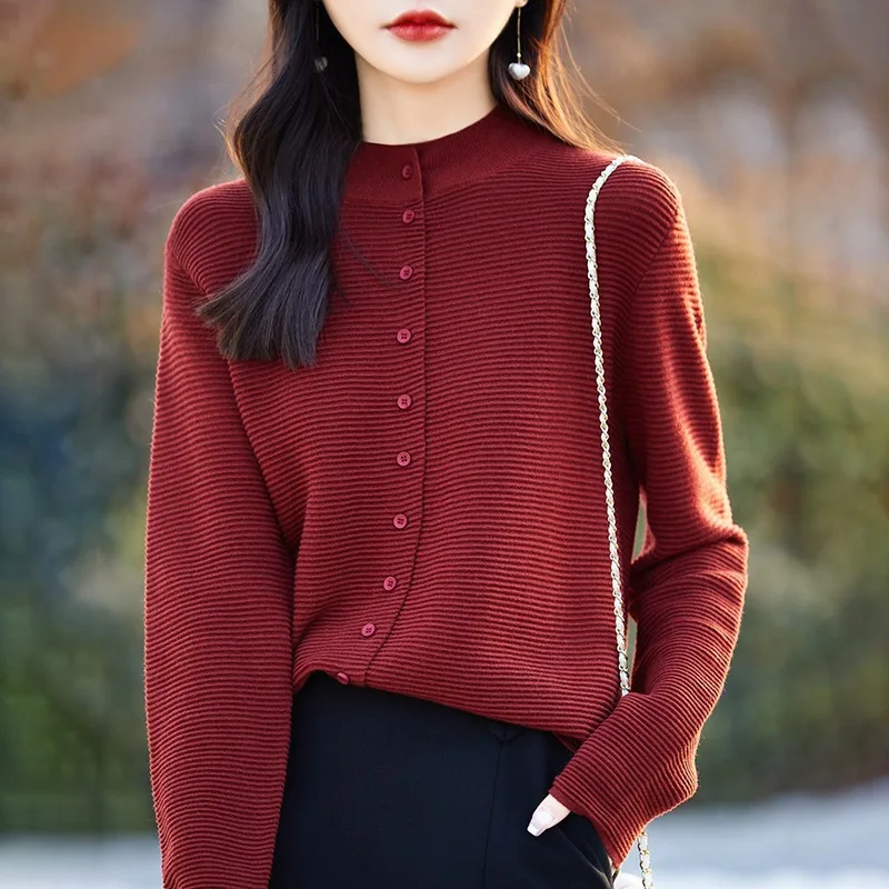Осень-зима, Новое поступление, женский вязаный шерстяной свитер, полувысокий воротник, ребристый однотонный кардиган, верхняя одежда, топ