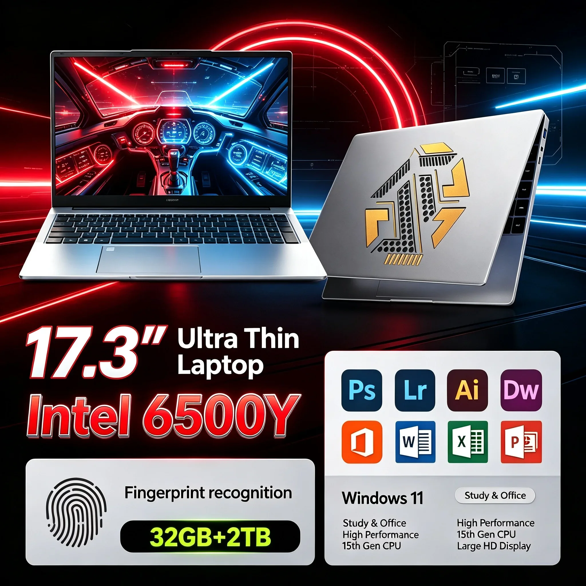 17.3'' Slim Portable Laptop Intel 6500Y 32GB RAM 1TB/2TB SSD Windows11 WiFi6 BT5.2 Notebook For Daily Home Study Office Work