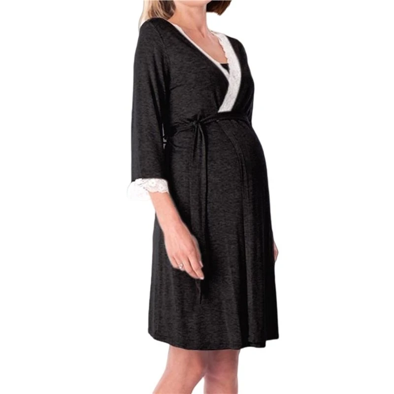 Women's Maternity Robe Pregnancy Breastfeeding Bathrobes Labor Delivery Nightgowns Black S