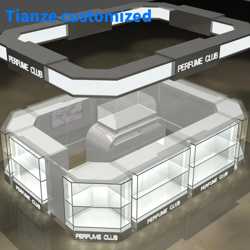 （customized）Factory Customized Cosmetics Counter Perfume Showcase with Led Light Perfume Display Kiosk Booth Mall