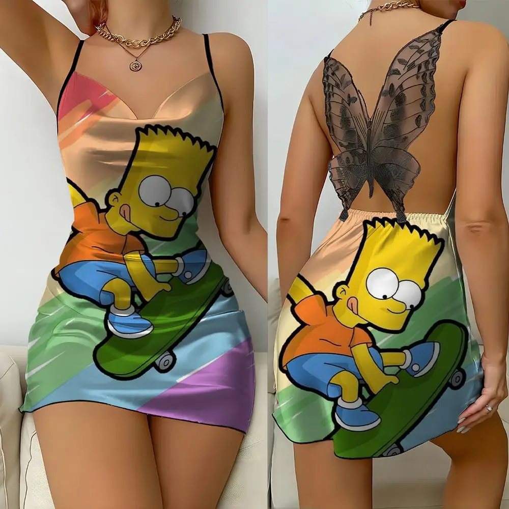 Sexy Fashion Women Butterfly Lace Backless Dress Disney Series The Simpsons Cute Cartoon Print Women Sexy Home Nightdress